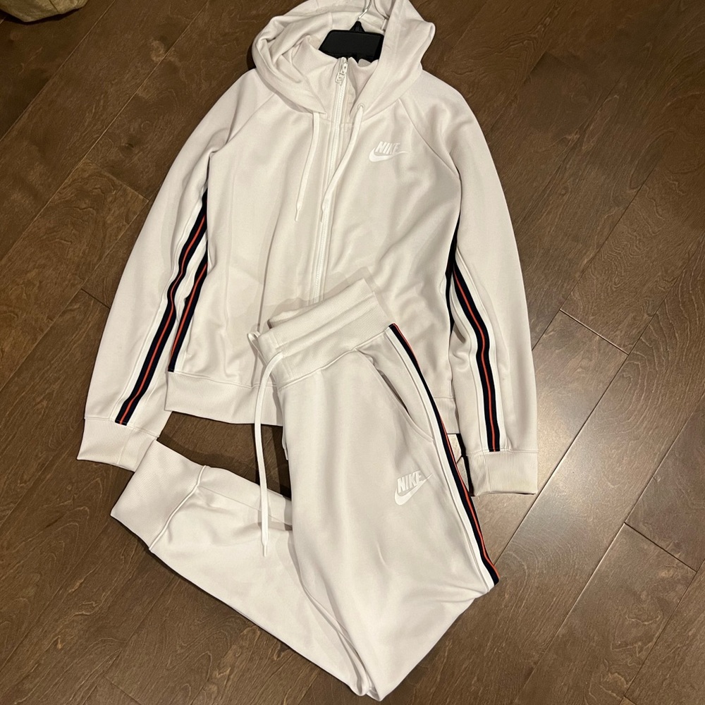 Nike White Women’s Hooded Tracksuit with Red and Black Stripe